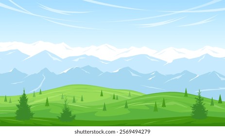 Picturesque mountain landscape background. Meadows and hills with green grass and trees. High mountain ranges in the background. Clear blue sky. Summer village landscape. Vector image.