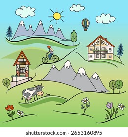 Estilo de desenho animado pitoresco montanha paisagem. Montanhas, aldeia casas estilo alpino tradicional, homem na bicicleta, árvores, nuvens, sol, flores, vaca pastando, balão de ar quente. Aventura, férias