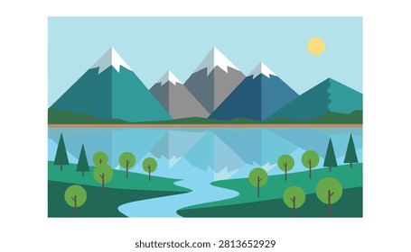 Picturesque mountain landscape showing sharp snow covered peaks reflected in a calm blue lake surrounded by green trees.