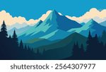 Picturesque mountain range surrounded by lush trees and fluffy clouds, showcasing nature