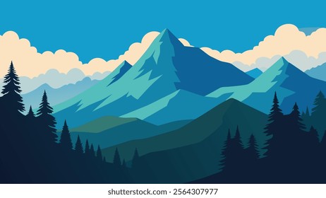 Picturesque mountain range surrounded by lush trees and fluffy clouds, showcasing nature's serene beauty flat vector illustration natural background.