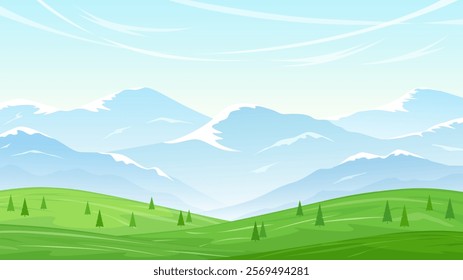 Picturesque mountain scene. Gentle mountain ranges with snow and a green valley with fir trees. Sunny day in the countryside. Vector illustration.