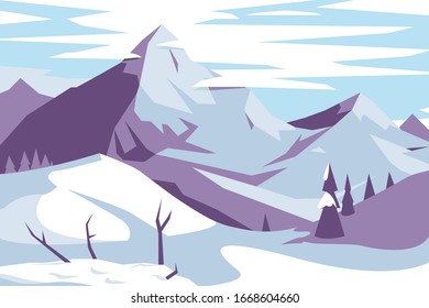 Picturesque mountains landscape vector illustration. Magic winter scenery of highlands. Snow covered high majestic rock hills and pine forest panoramic view