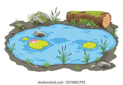 Picturesque natural pond. Blue water pond with reeds and stones. Concept of outdoor scene, open small swamp lake. Countryside landscape vector cartoon illustration