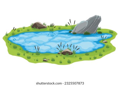 Picturesque natural pond. Concept of open small swamp lake. Water pond with reeds and stone. Natural countryside landscape. Multicolour game scene