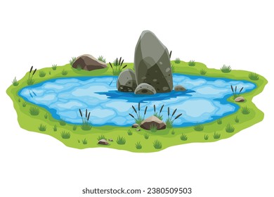 Picturesque natural pond. Concept of open small swamp lake. Water pond with reeds and stone. Natural countryside landscape. Multicolour game scene