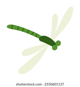 Habitante pitoresco de lagoas naturais. Libélula verde. Conceito de cena exterior. Ilustração de desenho animado vetorial