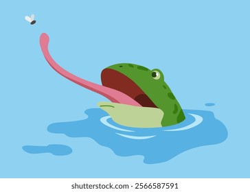 Picturesque natural pond inhabitant. Green frog in pond. Concept of outdoor scene. Vector cartoon illustration