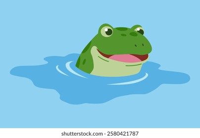 Picturesque natural pond inhabitant. Green frog in pond. Concept of outdoor scene. Vector cartoon illustration