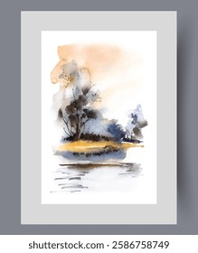 Picturesque nature with island with sparse trees and yellowed grass growing on banks of river. Watercolor painting with abstract wild nature to illustrate articles about ecology and biodiversity