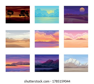 Picturesque Nature Landscapes with Sunset and Sunrise Vector Illustrations Set