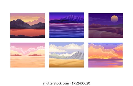 Picturesque Nature Landscapes with Sunset and Sunrise Vector Illustrations Set