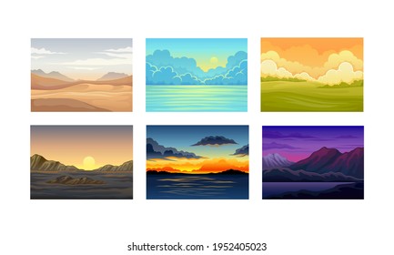 Picturesque Nature Landscapes with Sunset and Sunrise Vector Illustrations Set