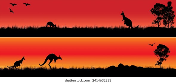 Picturesque Outback Scene with Kangaroos Against Sunset