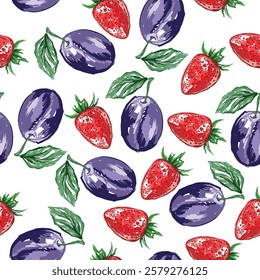 Picturesque pattern with plums and strawberries. Design of packaging, wrapping paper. Vector illustration