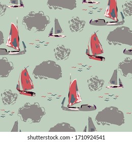 Picturesque red boats in the sea on a sage green color background of sky and clouds. Hand-drawn square vector illustration. Seamless pattern based on Claude Monet oil painting.