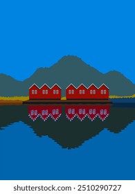 Picturesque red houses on river coast between mountains in Norway. Mountain landscape, vector graphic. 