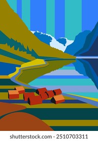 Picturesque red houses on the river bank between mountains in Norway. Beautiful mountain landscape, vector graphic.  