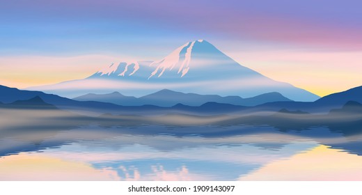 Picturesque reflection of mountains in the lake. Fantasy on a morning landscape.Volcanoes of Kamchatka.