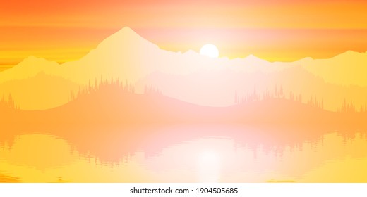 Picturesque reflection of mountains in the lake, the sun rises. Fantasy on a morning landscape.