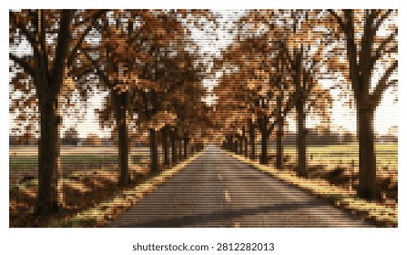 Picturesque road surrounded by vibrant autumn trees displaying golden foliage under soft sunlight scenic fall landscape perfect for nature travel and seasonal themes.
