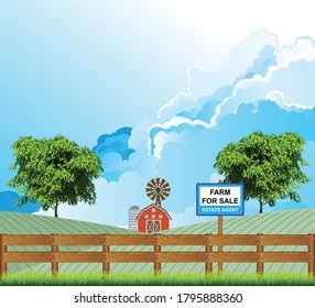 Picturesque rural country scene with estate agent farm for sale board set against a blue cloudy sky