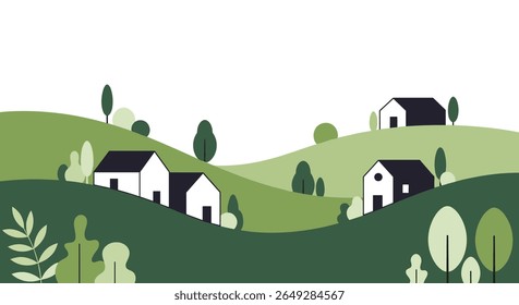 Picturesque rural landscape featuring rolling green hills dotted with charming houses and various trees under a bright sky