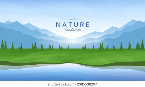 A picturesque rural landscape. River flowing around a green valley, silhouettes of mountains in the background, clear blue sky. Design for background, banner, postcard, invitation, cover. 