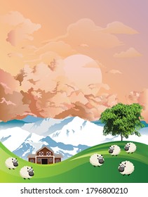 Picturesque rural scene with a flock of sheep grazing on summer mountainous lowland pastures set against a dawn or dusk sky