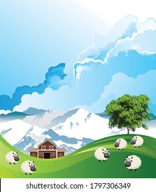 Picturesque rural scene with a flock of sheep grazing on summer mountainous lowland pastures set against a blue cloudy sky