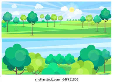 Picturesque scenery landscape with blue river and green trees growing on banks. Vector illustration of clean environment with nice weather