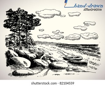 picturesque sea or river shore - hand-drawn illustration