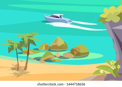 Picturesque seascape flat vector illustration. Beautiful landscape, scenic sea view. Tropical sand beach and luxurious yacht, pleasure boat. Exotic journey, holiday vacation, outdoor recreation