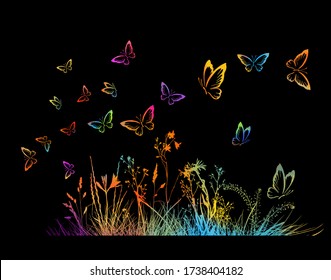 picturesque silhouette grass and butterflies black background  Mixed media  Vector illustration