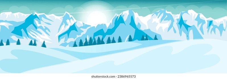 Picturesque snowy mountain landscape with high peak and steep rock. Outdoor winter tourism activity. Perfect slope for skiing. Adventure climbing and travelling. Pine forest. Vector illustration