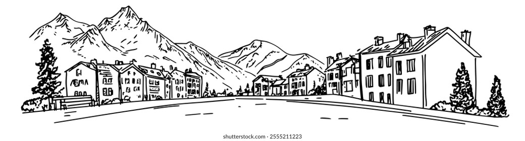 picturesque street in Chamonix with Mont Blanc in the background, doodle hatching vector sketch, panoramic view