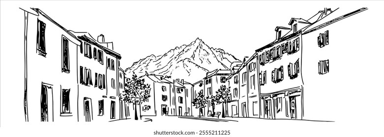 picturesque street in Chamonix with Mont Blanc in the background, doodle hatching vector sketch, panoramic view