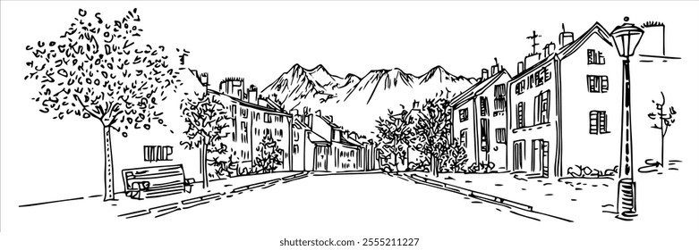 picturesque street in Chamonix with Mont Blanc in the background, doodle hatching vector sketch, panoramic view