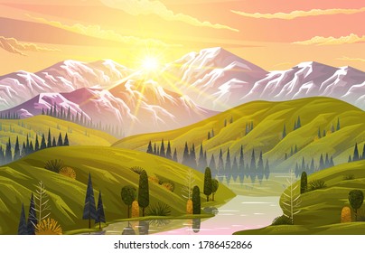 Picturesque sunrise or sunset in the mountains. Meadows, forests, conifers and deciduous trees. Mountain river, rocks, orange sky. Green hilly terrain. Mountain landscape. Flat vector illustration