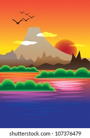 Picturesque Sunset Behind Volcano Mountain. Vector illustration of a red sun setting against volcano and mountain range with body of water in foreground. Colorful sky and reflected water.