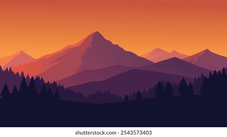 
picturesque sunset casts warm hues over a grassy hill, framed by majestic mountains in the background flat vector illustration