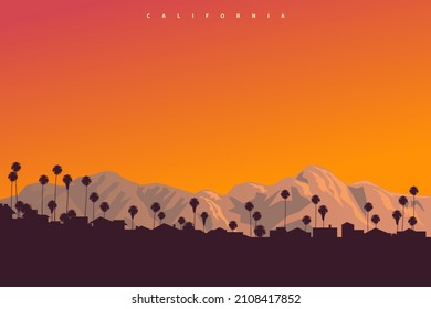 Picturesque sunset somewhere over California, USA. Original postcard style vector illustration