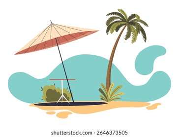 A picturesque tropical beach scene complete with a colorful parasol and graceful palm tree
