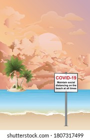 Picturesque tropical island beach scene with COVID 19 social distancing information sign set against a dawn or dusk pink sky