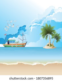 Picturesque tropical island beach scene with trawler boat fishing offshore set against a blue cloudy sky