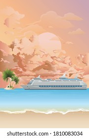 Picturesque tropical island beach scene with cruise ship anchored offshore set against a dawn or dusk pink sky
