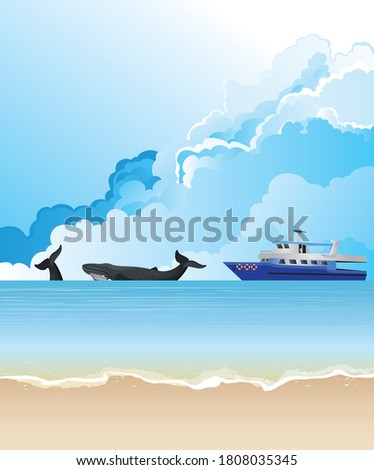 Picturesque tropical island beach scene with Tourism whale watching boat at sea set against a blue cloudy sky