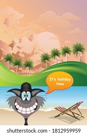 Picturesque tropical paradise landscape with comical cat on vacation set against a dawn or dusk pink sky
