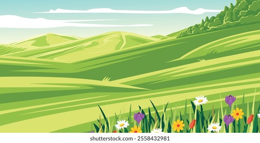 A picturesque valley of rolling green hills dotted with wildflowers under a clear blue sky.