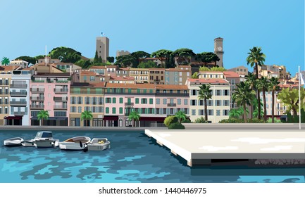 Picturesque Vector Of Cannes in South of France, Cote-d'Azur, Old Town Le Suquet with medieval buildings, fishing port, blue sea, palm trees, bright blue sky 